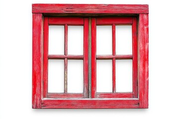 Obraz premium Wooden window frame isolated on white. Empty copy space rustic cottage house. Red paint window background. Vintage cabin construction. Countryside architecture texture. Window frame cutout