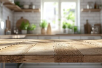 Close up of wooden countertop with blurred kitchen in background.