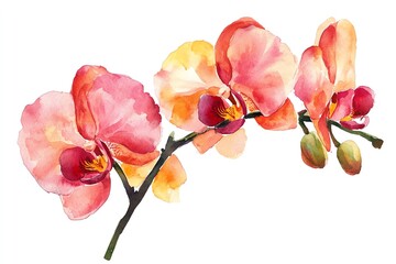 Obraz premium Watercolor painting of pink and orange orchid flowers on a white background.