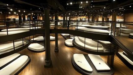 A modern mattress showroom with various mattress models displayed on platforms