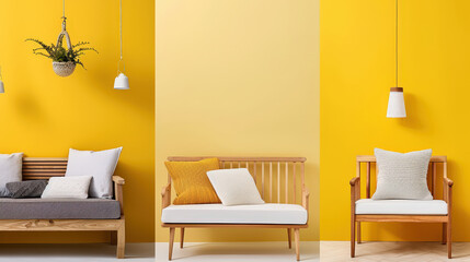 Cozy soft blue sofas are arranged against pale yellow wall, creating warm and inviting atmosphere. combination of colors adds cheerful touch to space