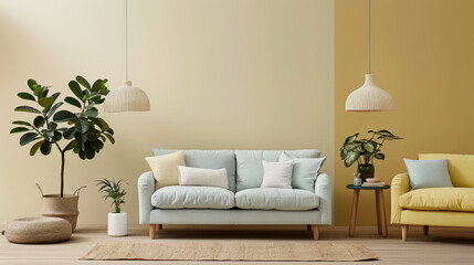 Naklejka premium cozy living room featuring soft blue sofas against pale yellow wall, complemented by stylish plants and warm lighting. inviting atmosphere creates serene space for relaxation