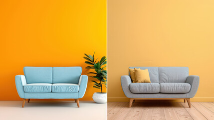 stylish collage of soft blue sofas against vibrant yellow wall, showcasing modern design and comfort. scene evokes cheerful and inviting atmosphere