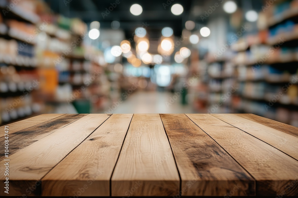 Poster wooden table top with blurred background of a grocery store.