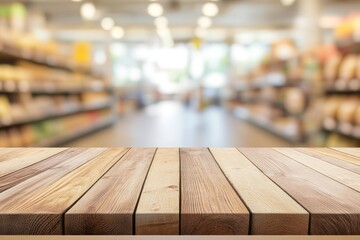 Wooden table top with a blurred supermarket aisle in the background.