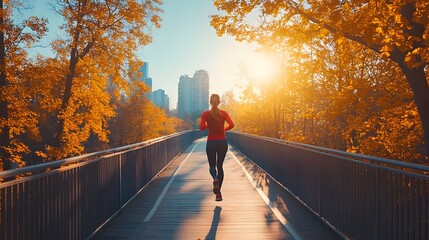 Obraz premium Athletic Woman Working Out. Jogging across a bridge. Trees, Sun and city can be seen in the background. 