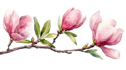 Fototapeta premium Watercolor painting of a magnolia branch with three pink flowers and green leaves, isolated on white background.