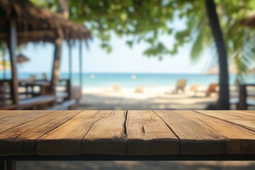 Wooden Tabletop with Blurry Beach Background.