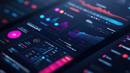 Close-up of a digital tablet screen displaying colorful charts and graphs with a dark background.