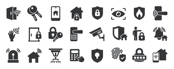 Home security glyph solid icons collection. Containing protection, guard, sceurity camera, alarm . Minimal icon and symbol series vector illustration