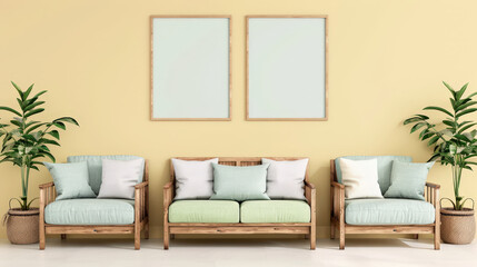 stylish interior featuring soft mint sofas against light yellow wall, complemented by decorative plants and empty frames, creating serene and inviting atmosphere