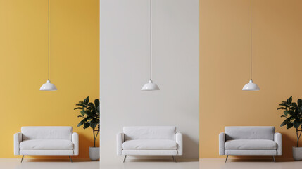 modern interior featuring soft mint sofas against pale yellow and neutral walls, complemented by stylish pendant light. serene atmosphere invites relaxation and comfort