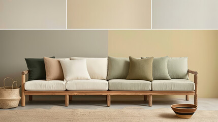 stylish soft mint sofa with various cushions sits against pale yellow wall, creating serene and inviting atmosphere. natural wood frame complements soft colors beautifully