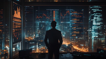 business person futuristic office with neon lights, digital screens and high-tech ambiance. AI generated