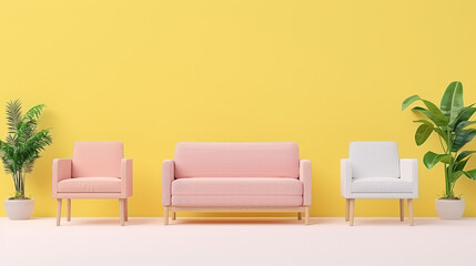 stylish arrangement of soft peach sofas and white armchair against pastel yellow wall, complemented by lush green plants, creates cheerful and inviting atmosphere