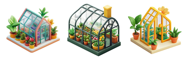 PNG Greenhouses with Lush Plants and Flowers - 3D icons and objects collection, in cartoon style isolated on transparent background