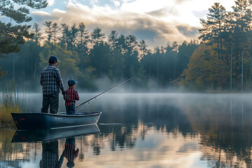 Father and son standing in a boat and fishing on a misty lake at sunrise