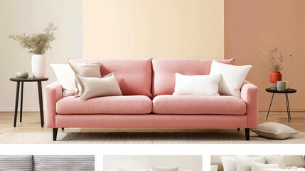 stylish soft pink sofa is elegantly placed against pastel yellow and peach wall, surrounded by decorative pillows and minimalistic decor, creating cozy atmosphere