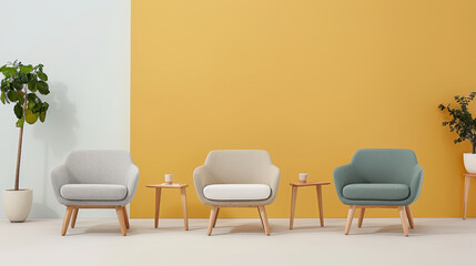 Cozy soft turquoise sofas arranged near light yellow walls create serene atmosphere. stylish design and greenery enhance inviting space