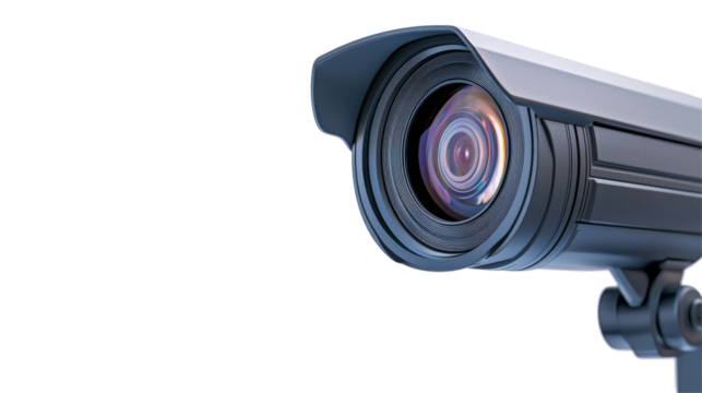 A close-up view of a security camera lens, showcasing its intricate details against a black background, emphasizing surveillance technology.