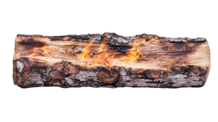 A charred log with glowing embers, depicting remnants of a fire on a black background.