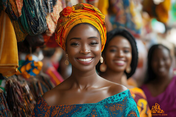 Fototapeta premium African craftswoman smiling with her friends at a colorful market