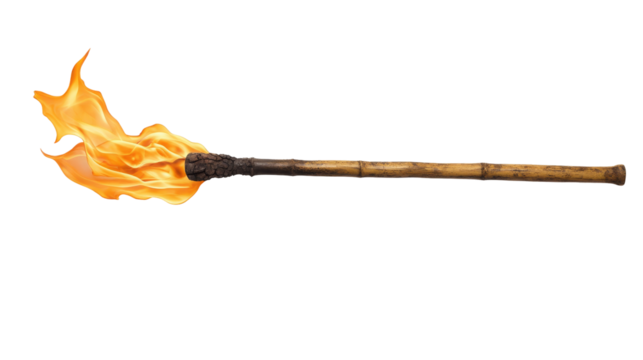 A flaming torch with a wooden handle, emitting intense flames against a dark background, symbolizing light and warmth.