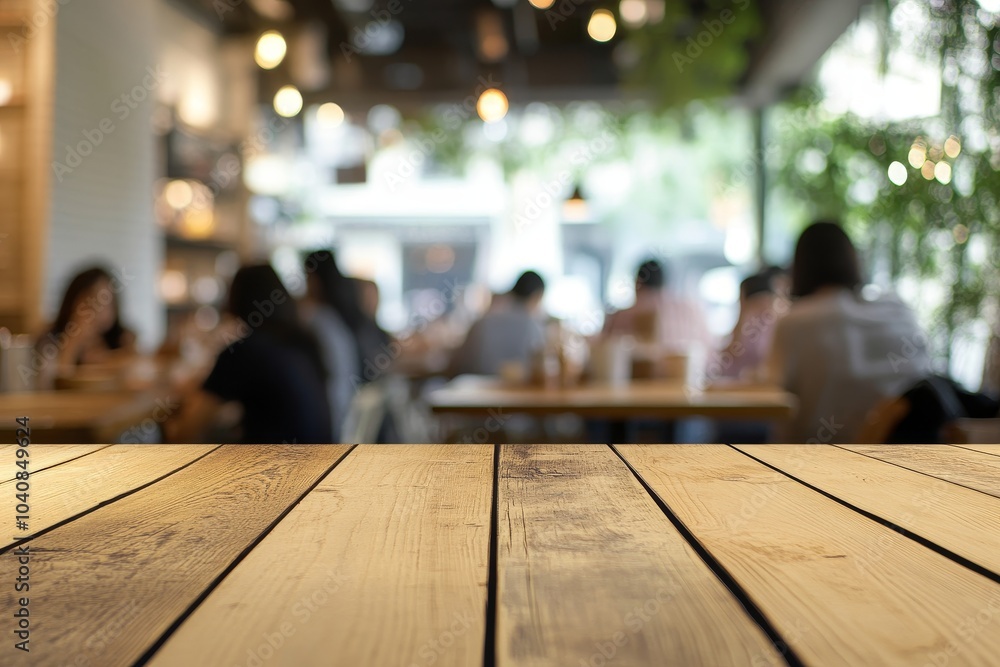 Poster empty wooden table top with blurred cafe background.