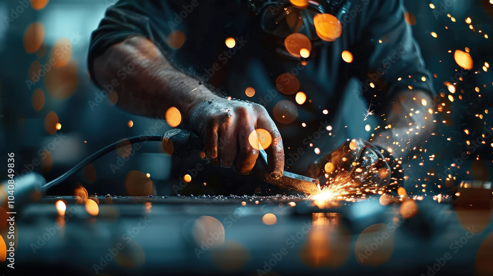 Aufkleber craftsman working with welding tool, creating sparks and light in workshop. scene captures intensity