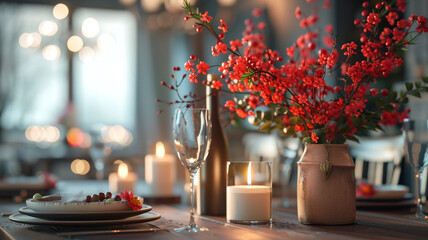 Festive table setting in dining room decorated for Valentine's Day
