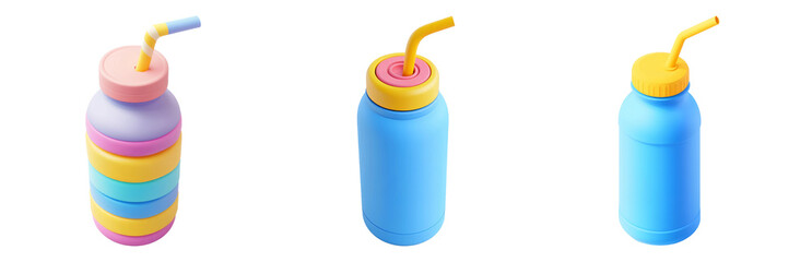 PNG Water Bottles with Straws and Lids for Sale - 3D icons and objects collection, in cartoon style isolated on transparent background