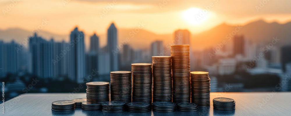 Aufkleber a stack of coins is on a table in front of a city skyline. the coins are arranged in a pyramid shape