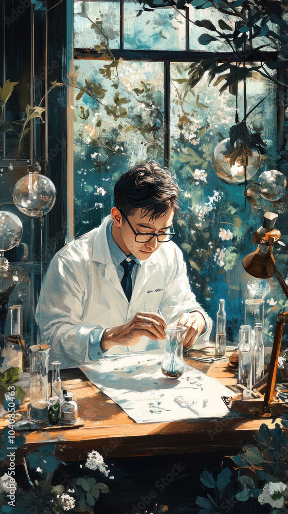 Poster a man in a white lab coat is conducting an experiment in a laboratory. he is wearing glasses and is 