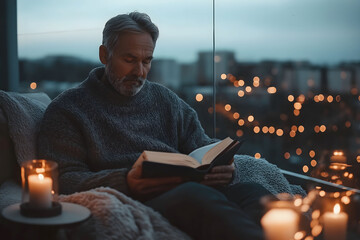 Relaxed mature man enjoying a good book by candlelight in his apartment at night, with a blurred city view in the background
