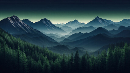 Obraz premium Green foggy landscape with mountains and pines
