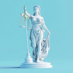 Obraz premium 3D white Lady Justice statue blue background, AI generated