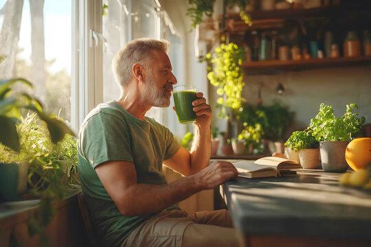Happy mature man is sitting at his kitchen table, drinking a green smoothie and reading a book