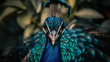 Close-up portrait of a male peacock displaying beautiful plumage- Lincoln, Nebraska, United States of America 