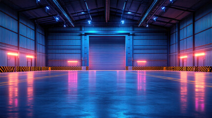 Fototapeta premium A large, empty warehouse with neon lights and a blue ceiling. Scene is industrial and futuristic
