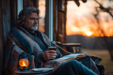 Elderly man is sitting on his porch with a blanket, enjoying a book and a warm drink as the sun sets