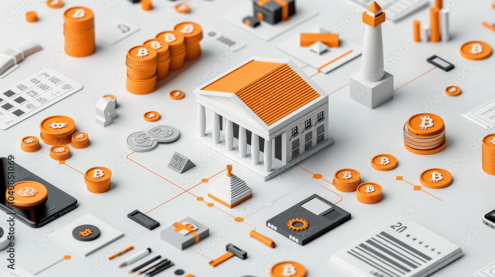 Aufkleber digital currency and blockchain concepts are illustrated through various elements like coins, bank, 
