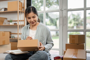 Young Woman Small Business Owner Preparing Online Orders in Home Office with Cardboard Boxes and Laptop