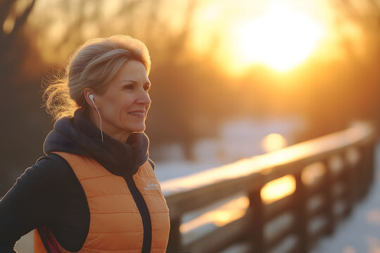 Senior woman is enjoying listening to music with her earphones while exercising outdoor at sunset