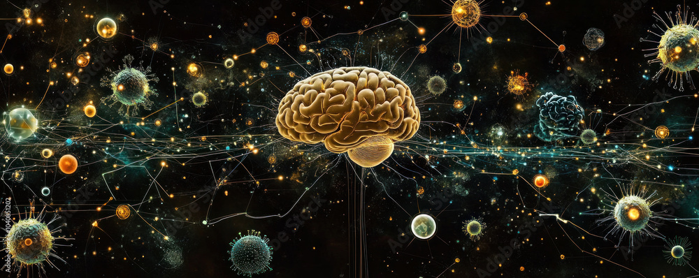 Poster a large brain is surrounded by many smaller brains, all of which are connected to it. the brain is t
