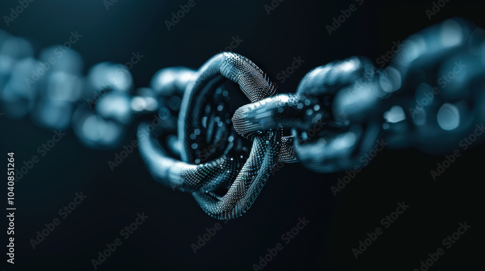 Poster close up view of digital chain link, symbolizing blockchain technology, showcases intricate details 
