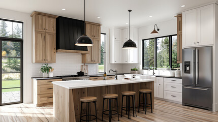 Obraz premium Modern kitchen with minimalist design featuring wooden cabinets, large island, and stylish pendant lights. open space is bright and inviting, perfect for cooking and entertaining