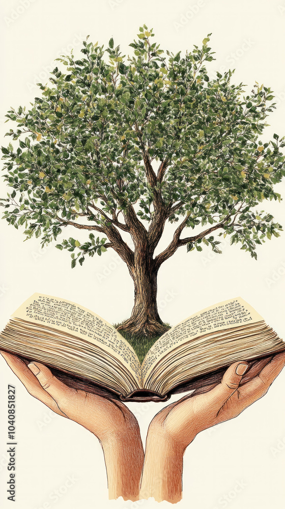 Poster a tree is growing out of an open book. the tree is surrounded by the pages of the book, and the leav