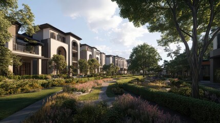 The exterior of a modern residential complex, with stylish apartment buildings lined up, surrounded by a well-landscaped garden