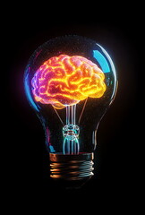 A colorful light bulb with the brain inside, AI generated