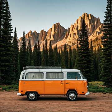 vintage orange camper van parked in a forest with a mountain range in the background